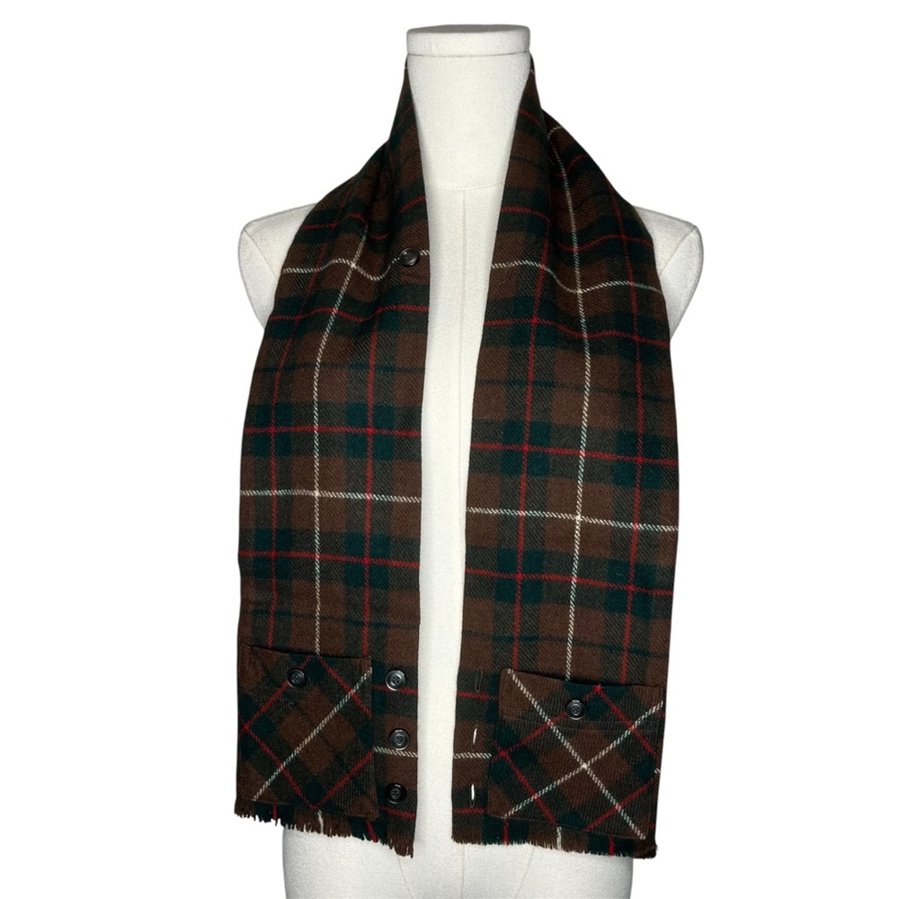 Vintage Scardigan by Cisco 100% Merino Wool Brown Red Green Plaid Pocket Scarf